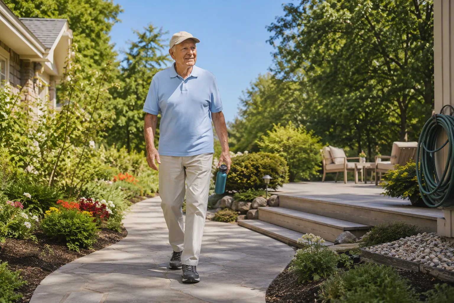 Senior man walking on a clear sunny garden path with closed-toe shoes and a water bottle