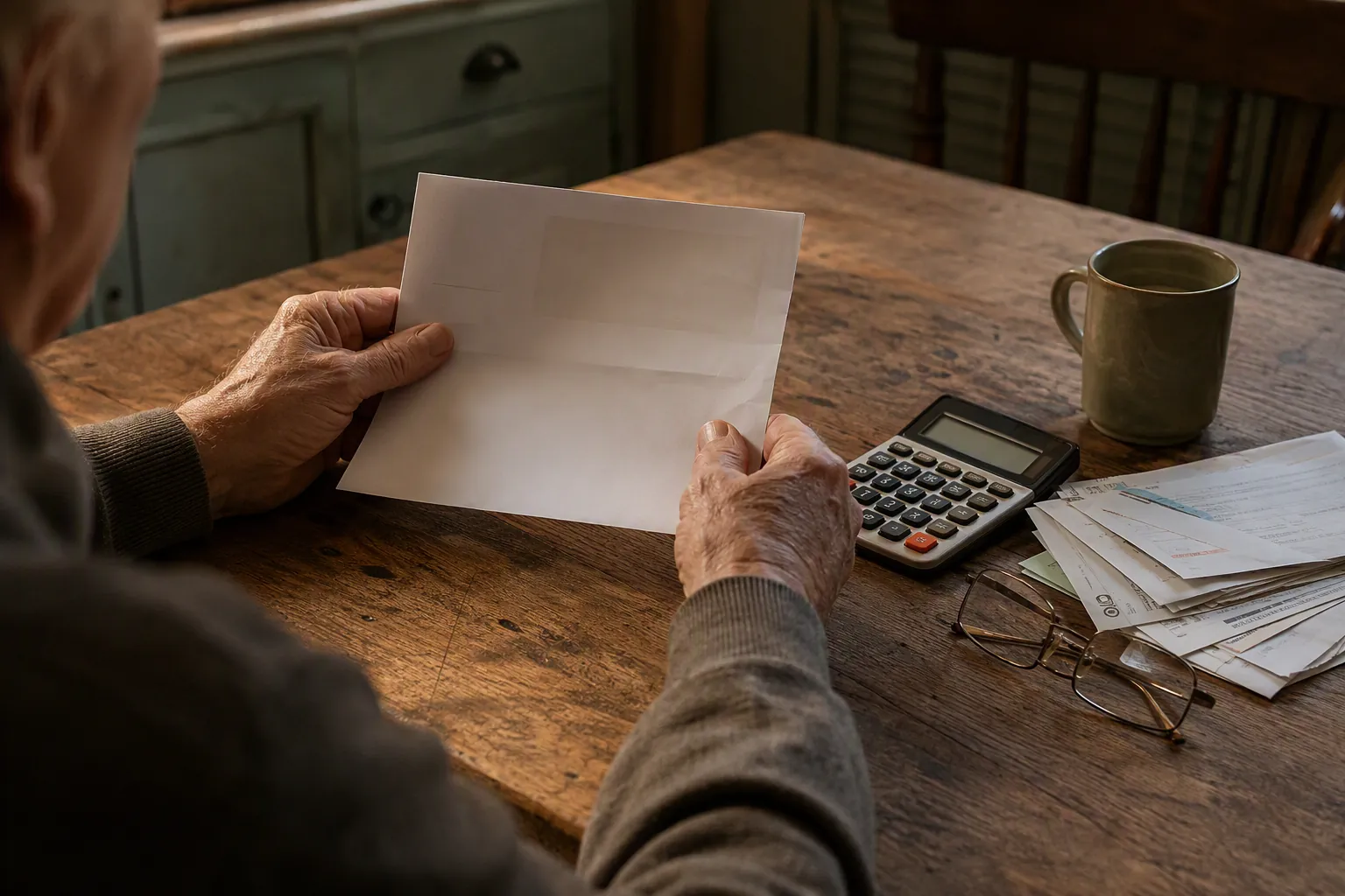 An older adult reviewing a government benefit letter at a kitchen table with bills and a calculator nearby