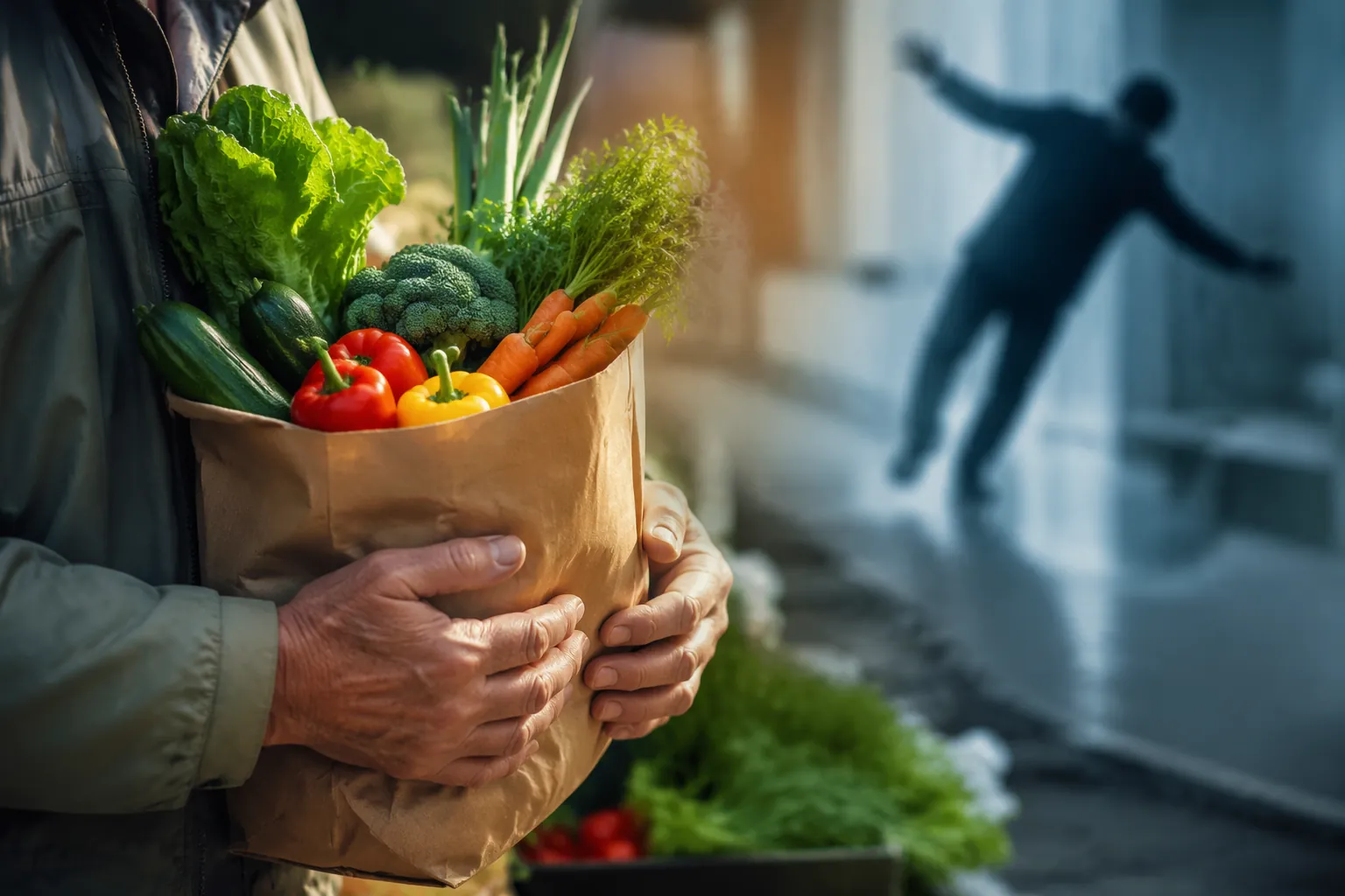 Older adult holding a farmers market vegetable bag with a faint fall-risk silhouette in the background