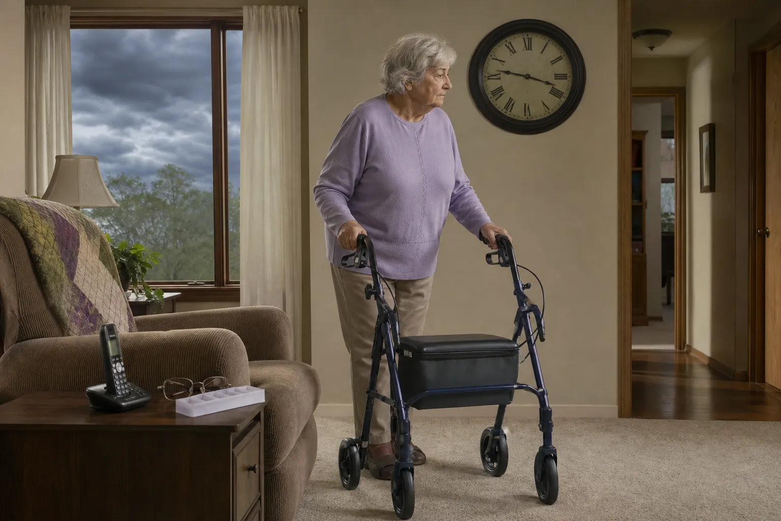 Older woman using a four-wheel walker moving from an armchair toward a hallway during stormy weather