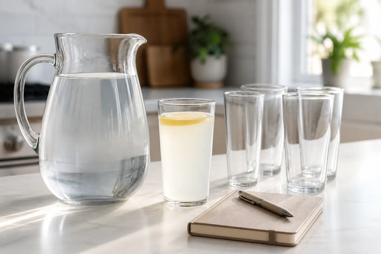 A kitchen counter with water, an electrolyte drink, empty glasses, and a notebook for tracking fluids.