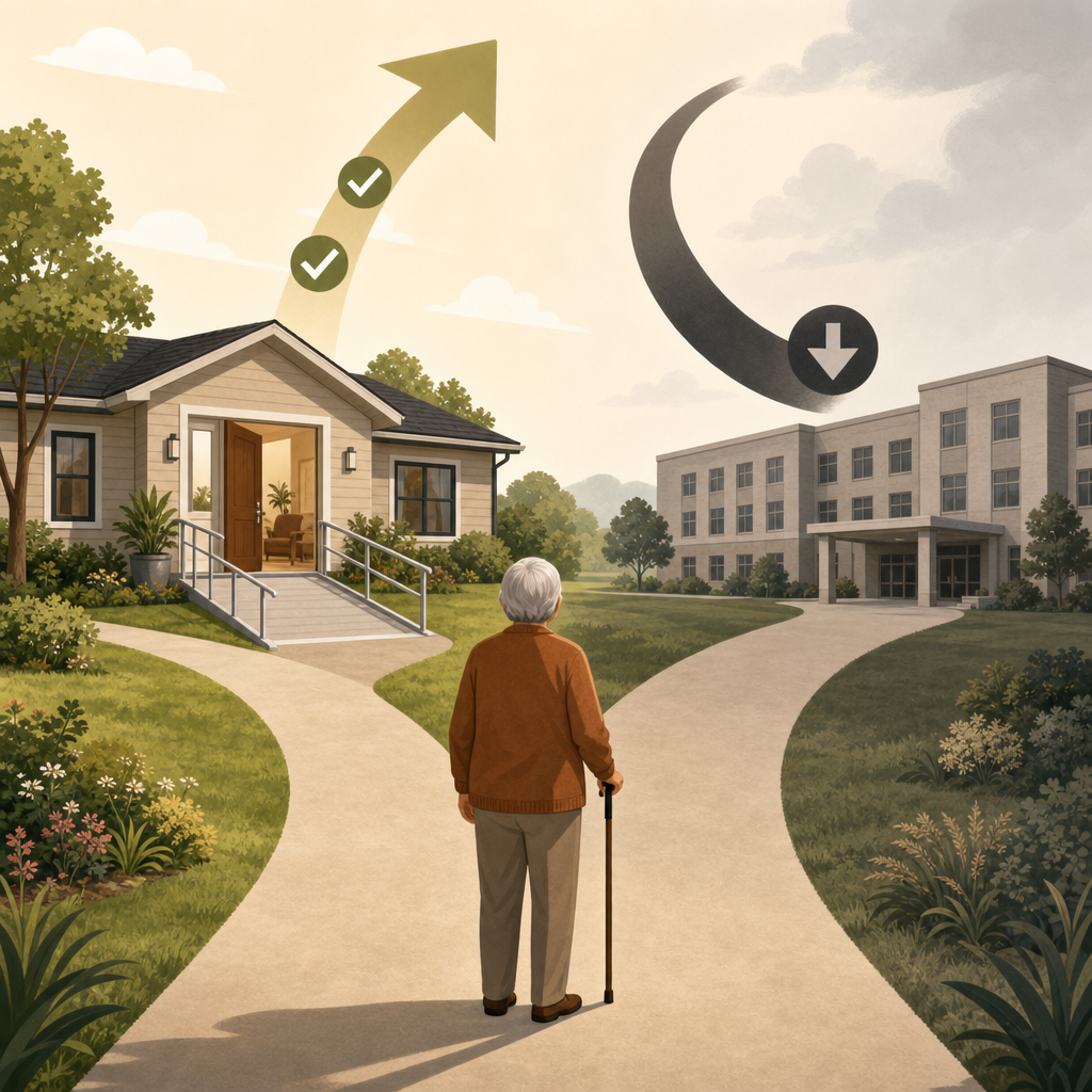 Decision fork illustration: one path leads to a warm single-story accessible home with wide doors and ramp, the other to an institutional care facility.