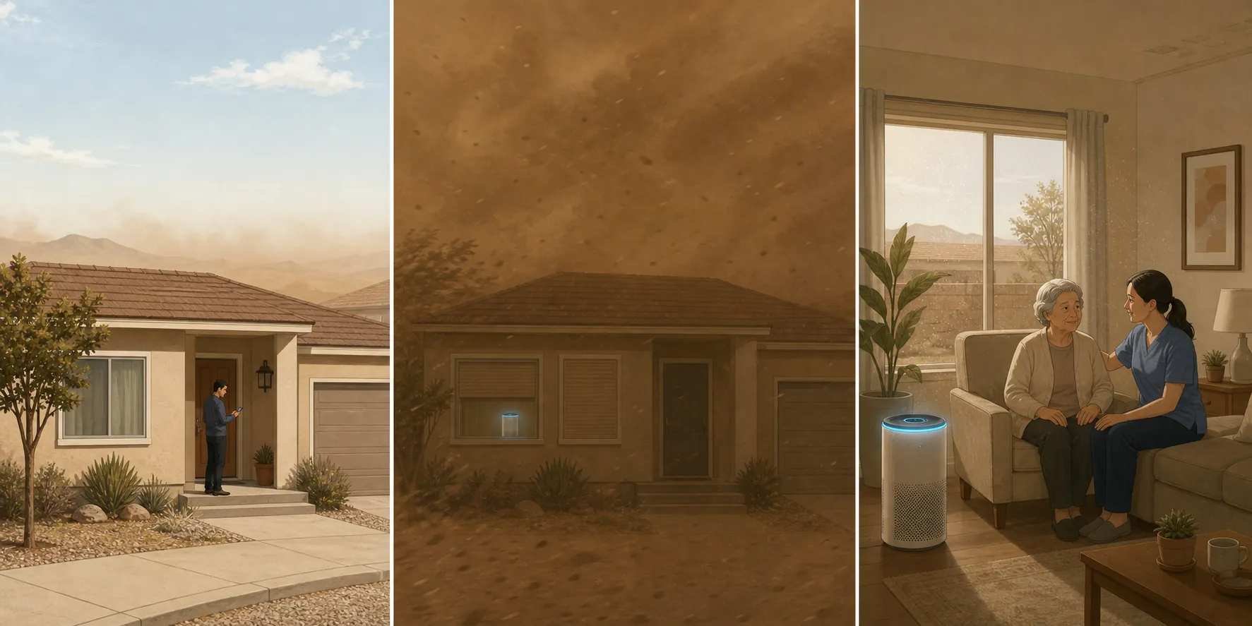 Three-panel illustration of a caregiver preparing before a dust storm, a sealed house with an air purifier during the storm, and an older adult indoors after the sky clears while fine dust remains