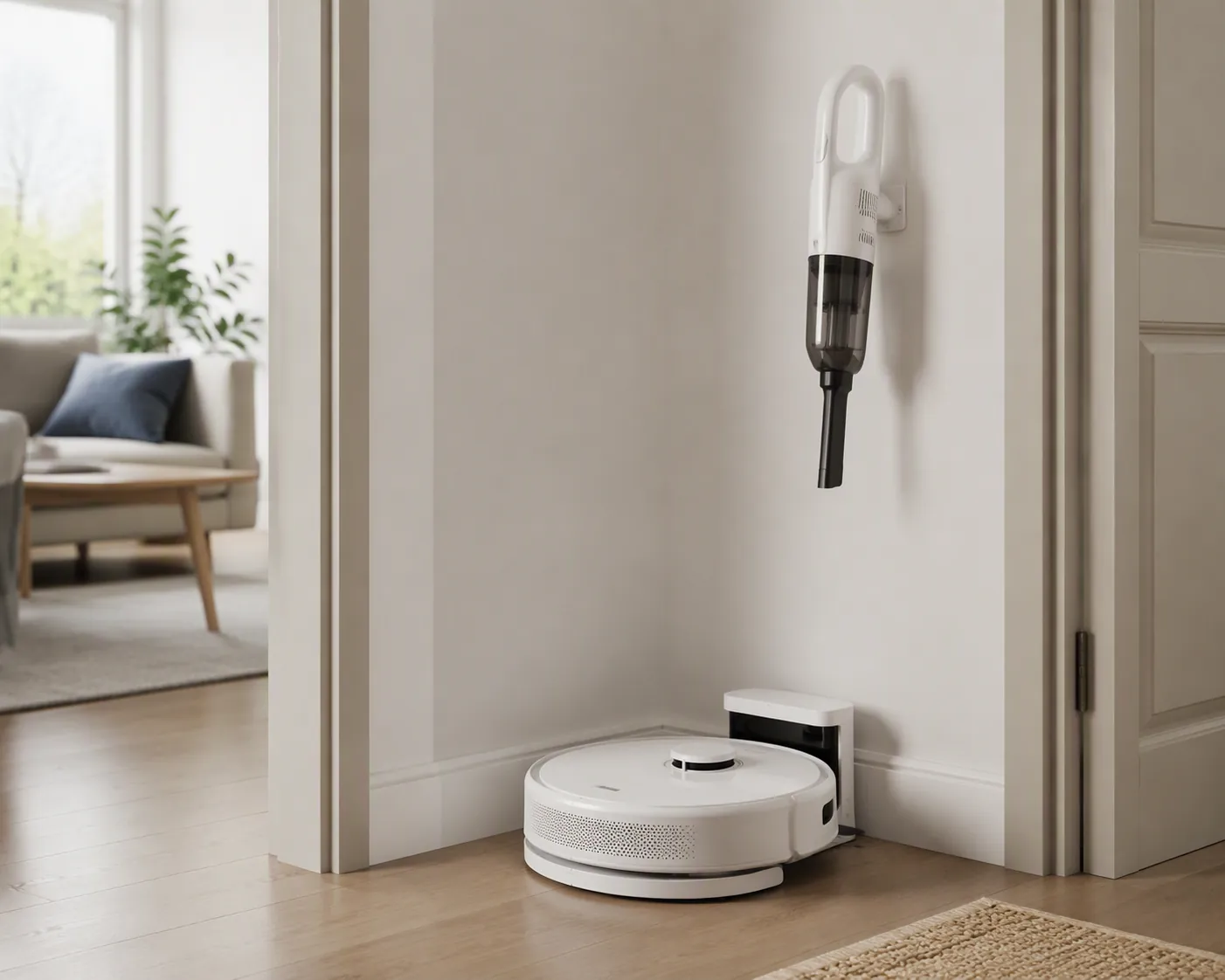 A robot vacuum docked at its charging base with a compact handheld vacuum stored on a nearby wall hook