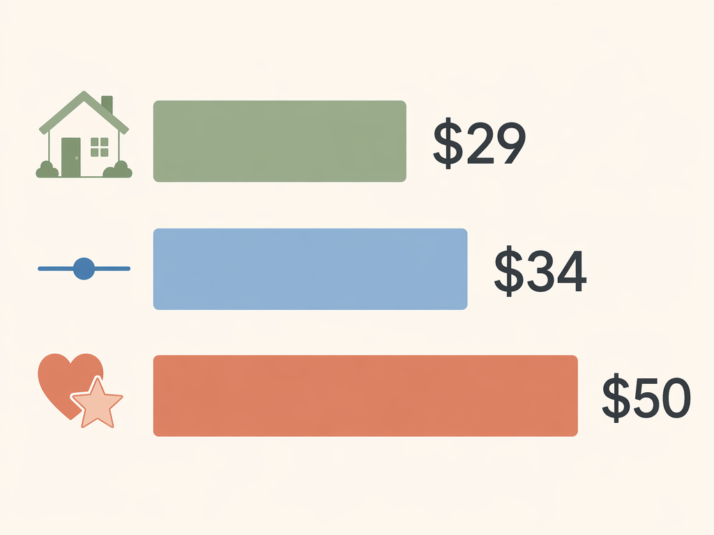 A clean horizontal bar chart style illustration with three colored bars: a soft green bar labeled $29 with a house icon, a soft blue bar labeled $34 with a median line icon, and a warm terracotta bar labeled $50 with a heart icon, representing the home care pricing range from lower-cost to higher-cost locations.