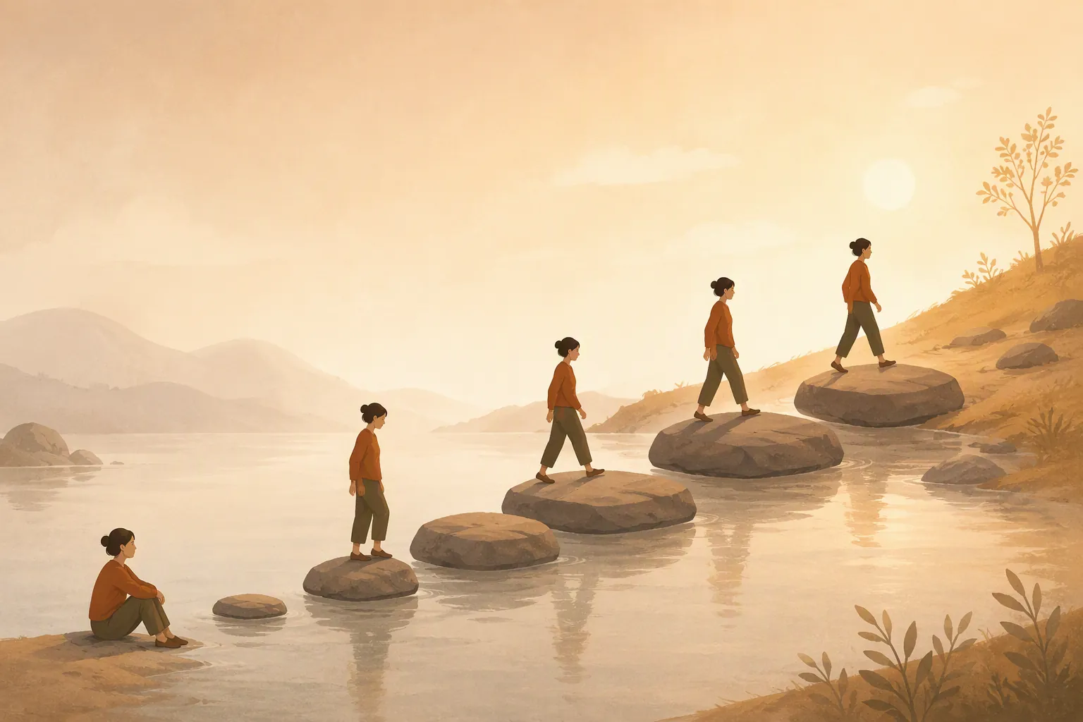 Illustration of gradual movement progress from resting to walking with confidence