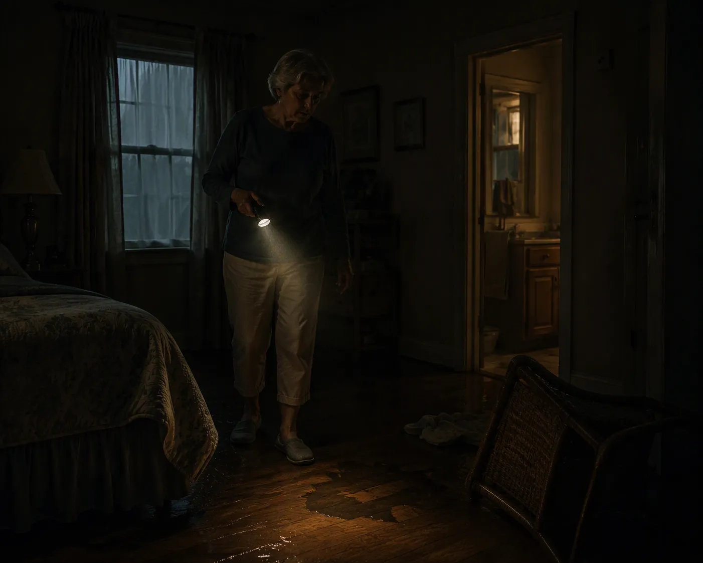 Older adult using a small flashlight in a dark post-hurricane hallway with a displaced chair and damp floor patch