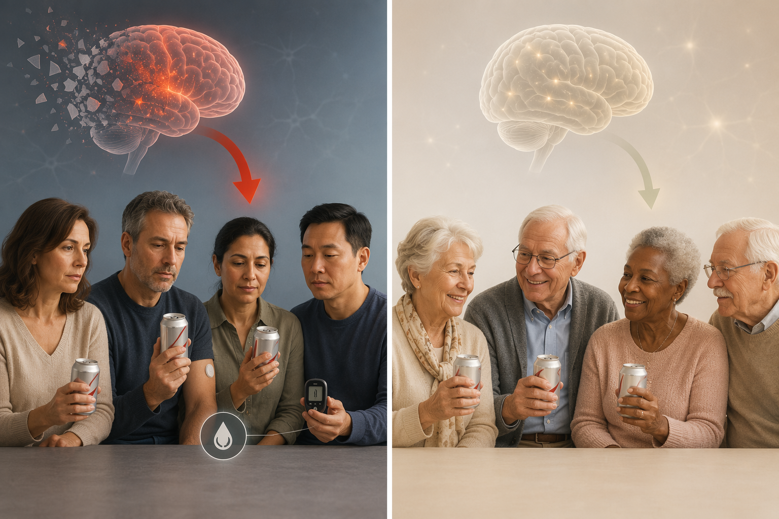 Split visual showing a stronger diet soda and cognitive decline signal in middle-aged adults with diabetes than in older adults