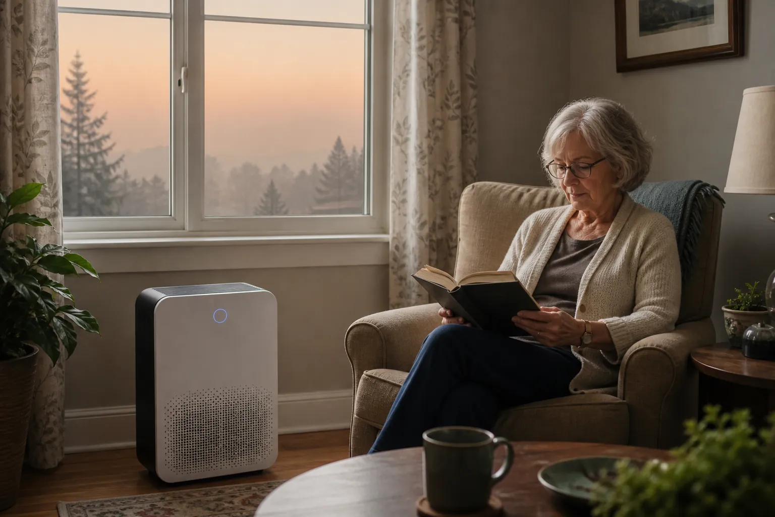 Portable air purifier running beside a closed window in a senior living room during a smoky air alert