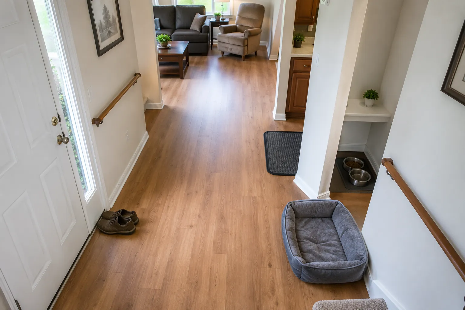 Top-down view of an uncluttered senior home with pet bed and food station placed away from walking paths
