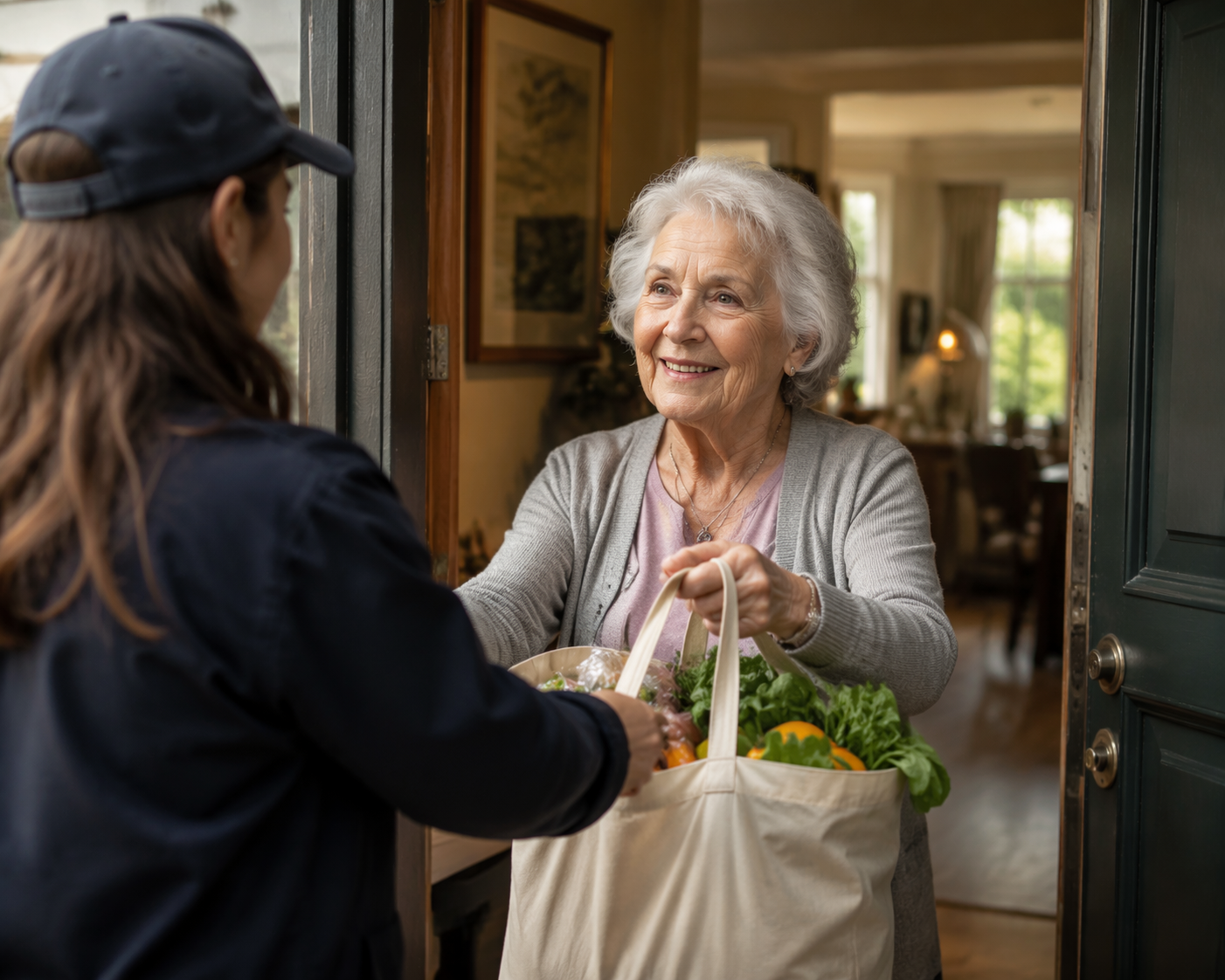 A senior woman receiving a reusable grocery bag from a delivery person at her home doorway