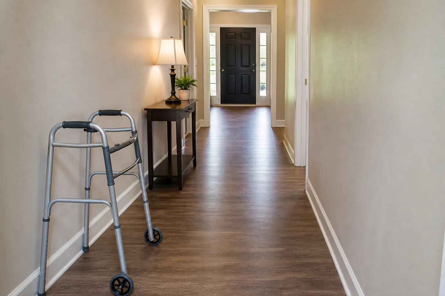 A well-lit home hallway cleared wide enough for evacuation with a walker positioned near the wall and no rugs or clutter