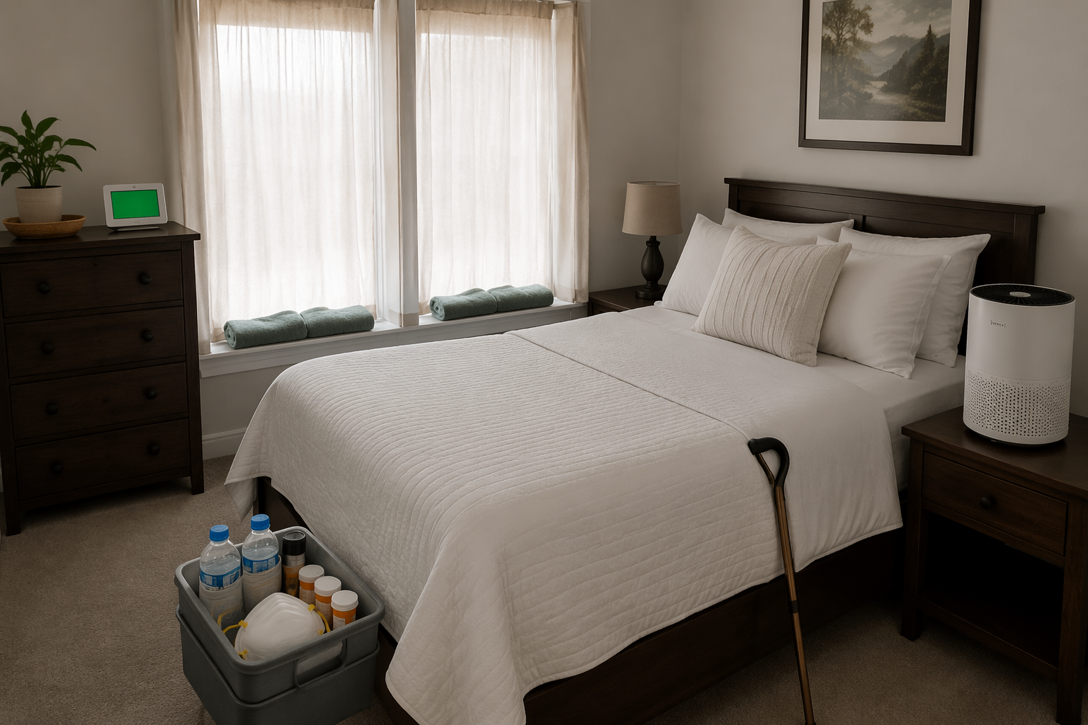 Bedroom set up as a wildfire smoke clean room with a HEPA purifier, sealed window, emergency supplies, water, medications, and a walking cane
