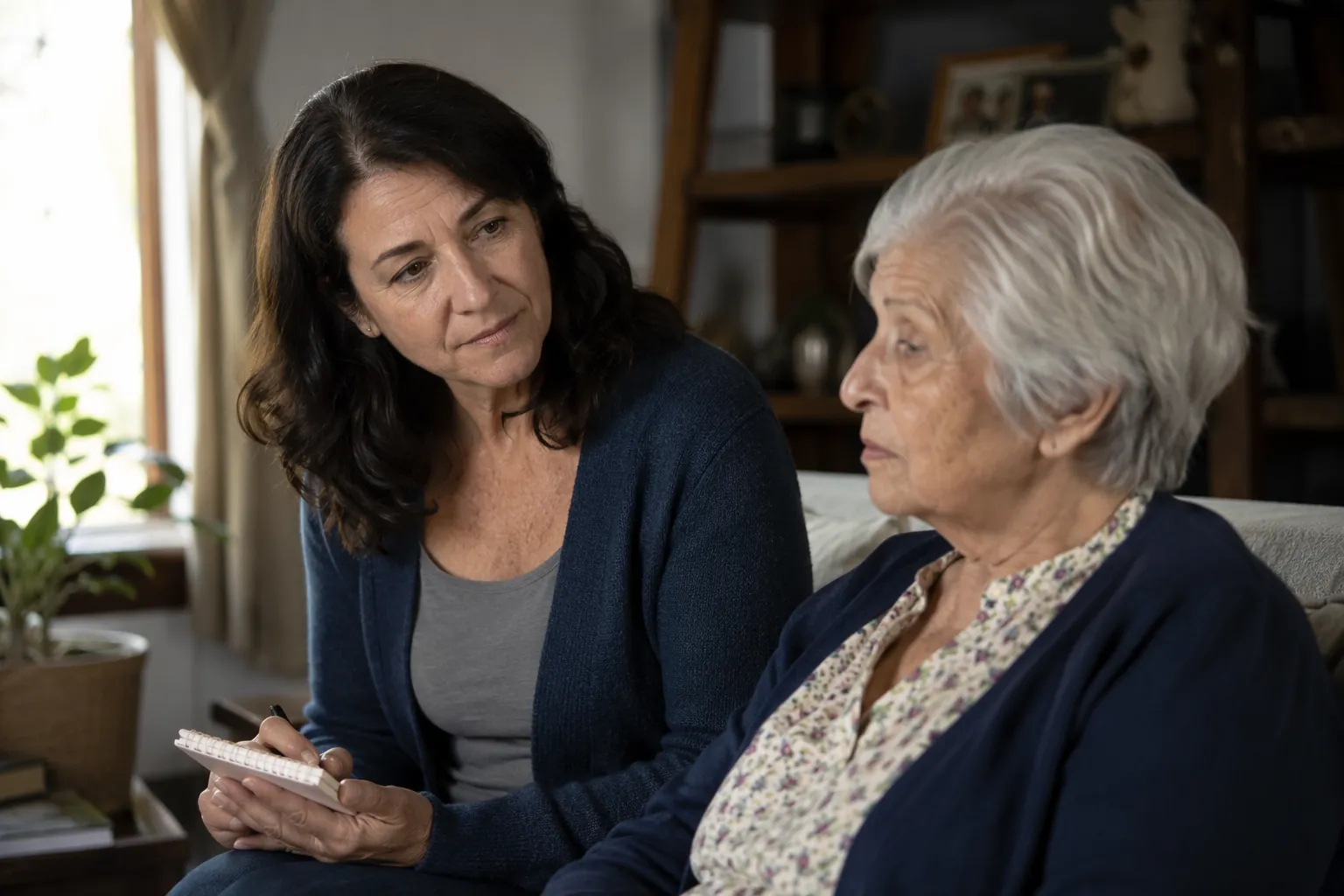 Adult child caregiver noticing health changes in an older parent while holding a small notebook