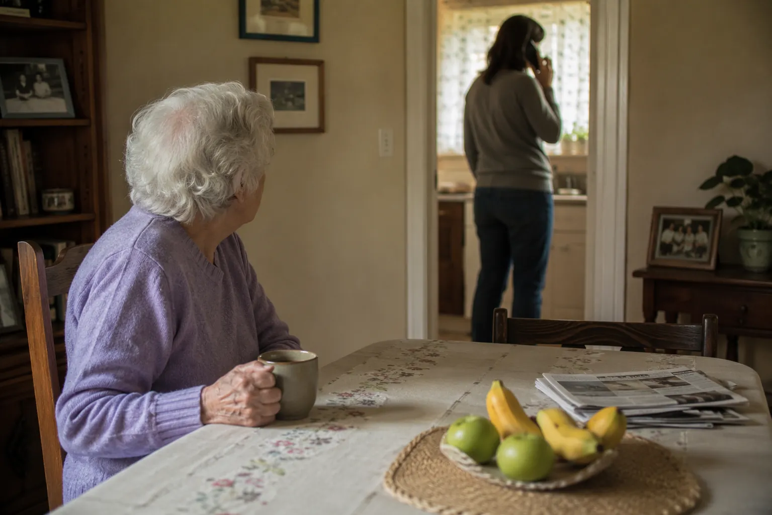 Older adult sitting alone while a younger person stands apart on the phone