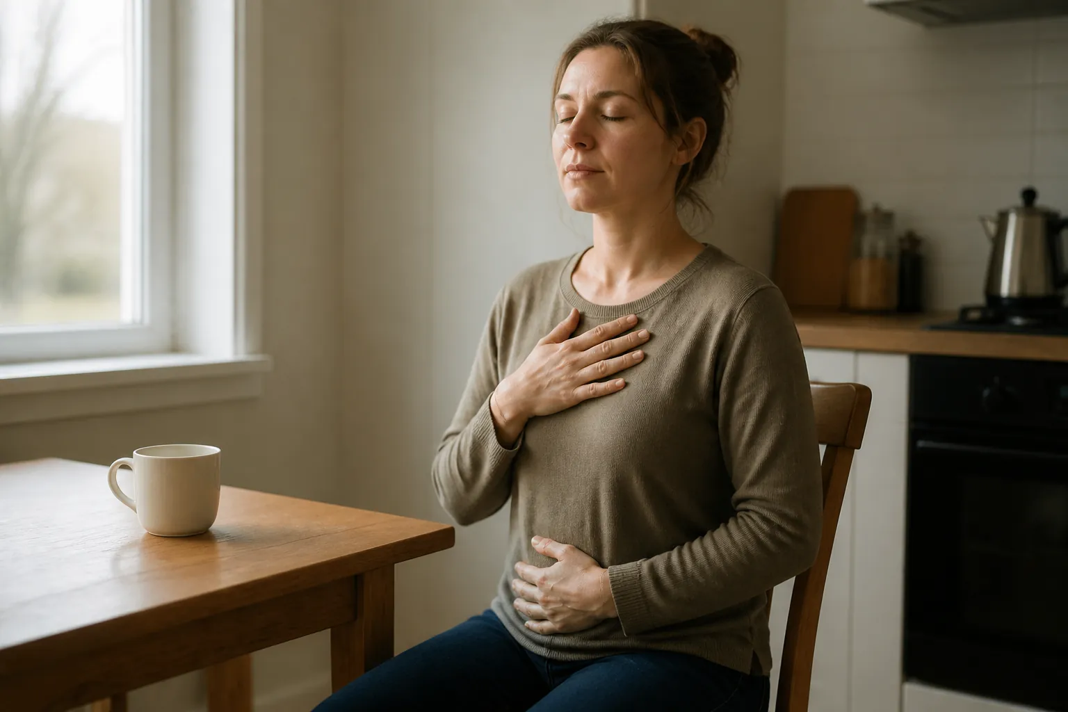 A caregiver sits on a kitchen chair with one hand on the chest and one on the belly during a slow breath-awareness practice.