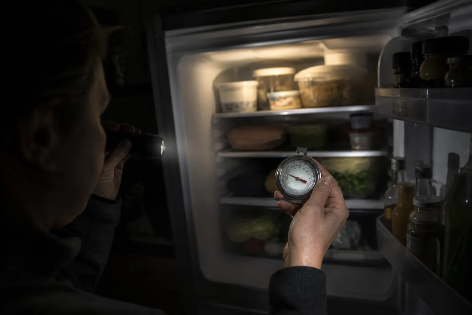 A caregiver checking an analog thermometer inside an open refrigerator during a power outage