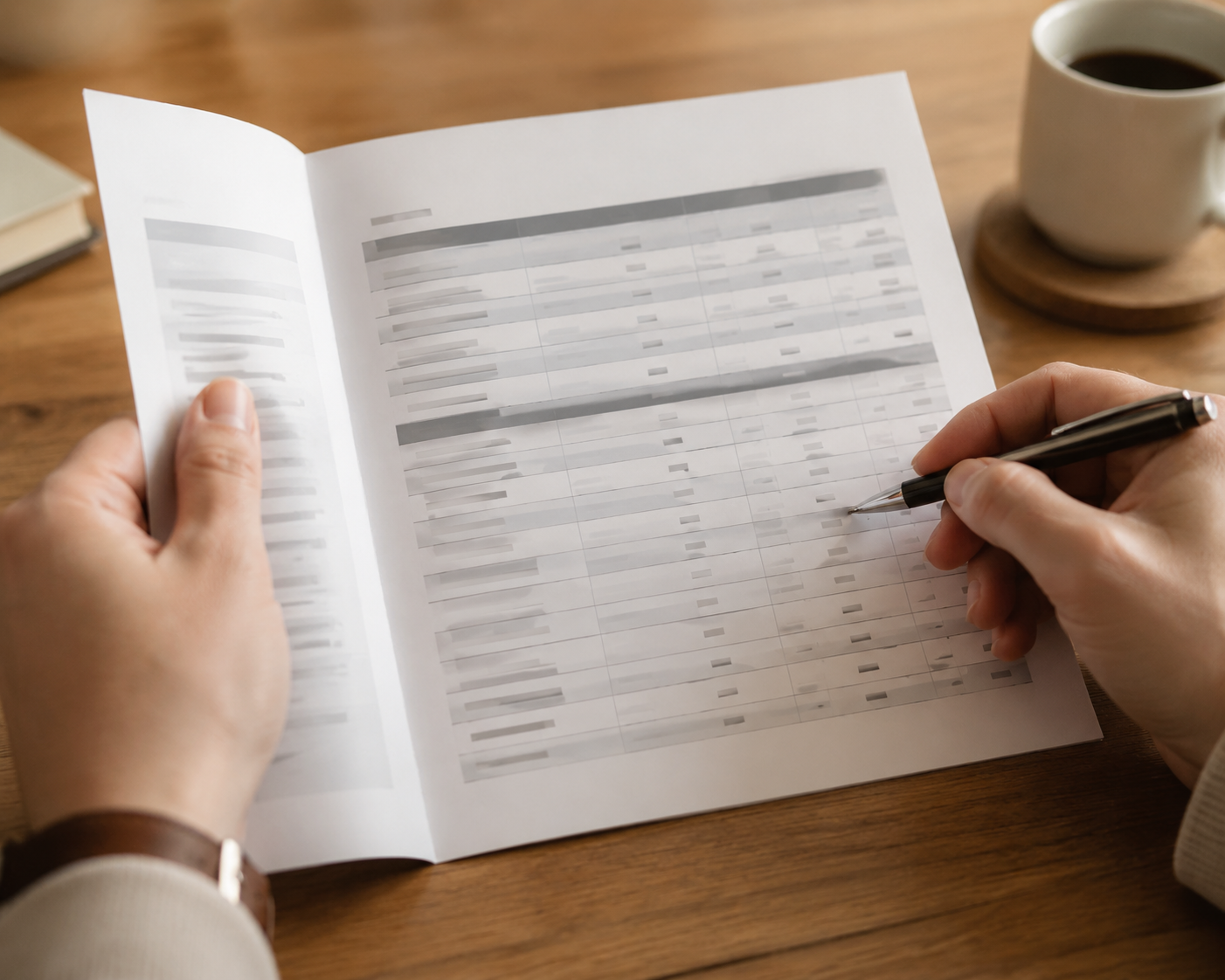Hands reviewing an itemized funeral price list with a pen