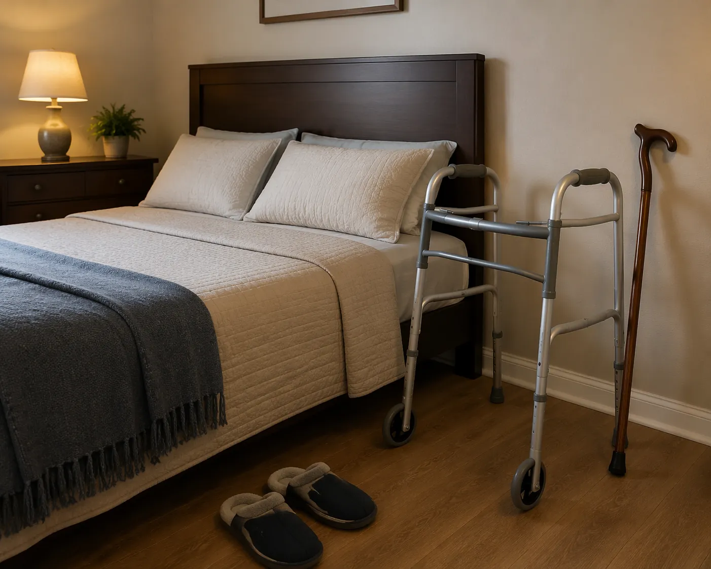 A bedroom with a walker and cane within arm's reach of the bed, non-slip slippers nearby, and a clear floor