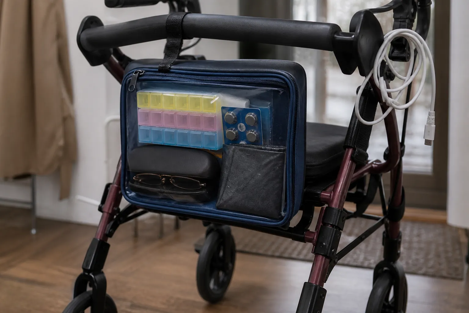 Rollator walker with a waterproof pouch holding medications, spare glasses, hearing aid batteries, documents, and a phone charging cable