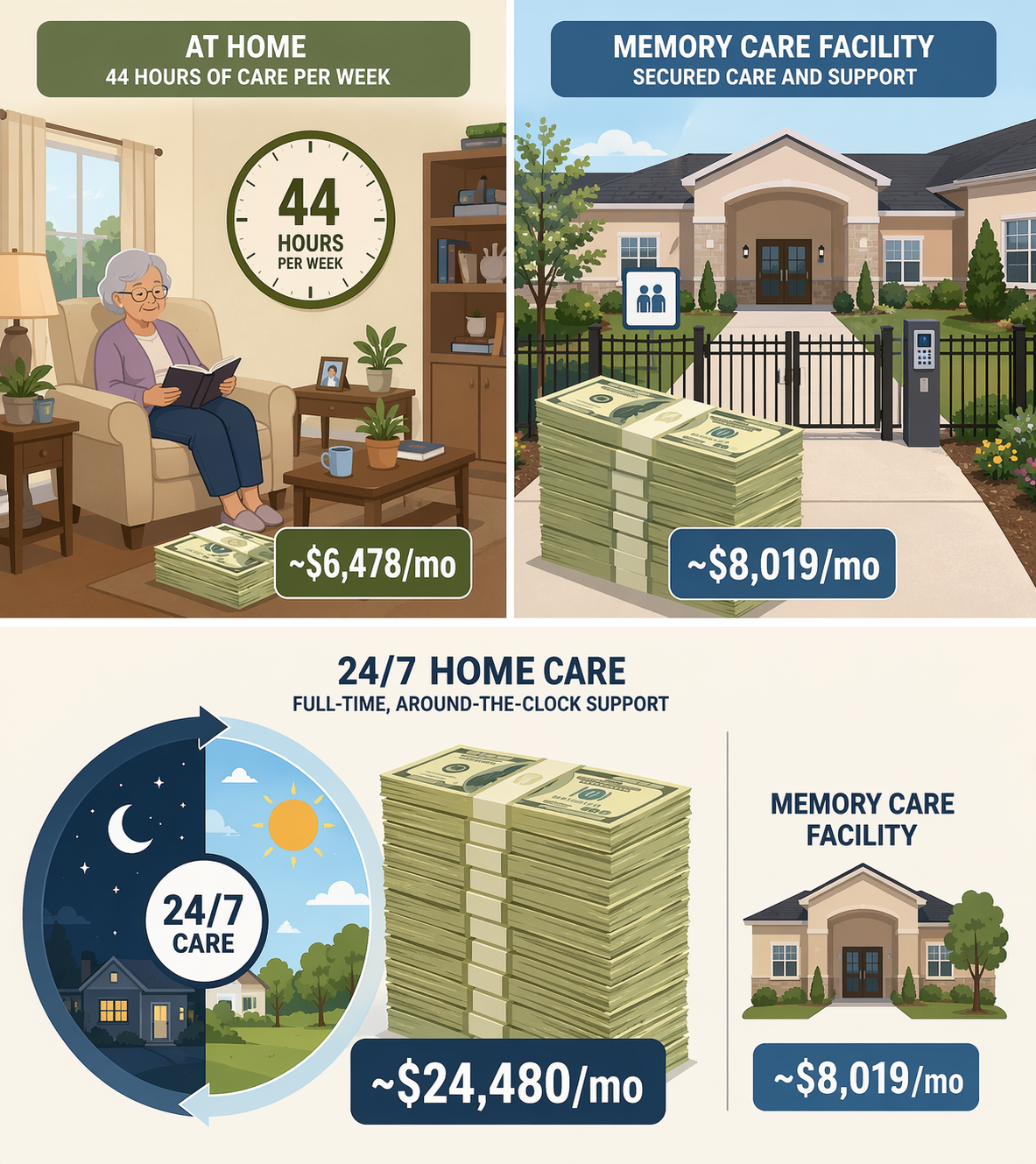 An editorial comparison illustration showing a home scene with a 44-hour clock and modest bill stack next to a memory care facility with a higher bill stack, and below, a night-and-day cycle with a very large bill stack representing 24/7 home care.