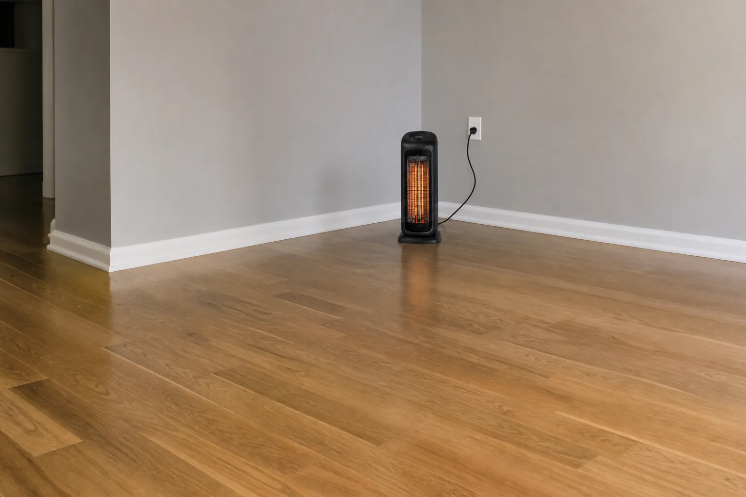 Electric space heater on a hardwood floor with clear space around it and cord plugged directly into the wall