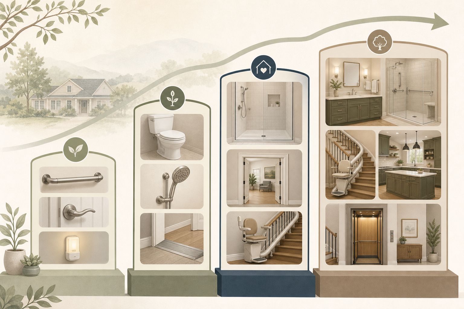 Editorial horizontal timeline illustration showing four progressive stages of aging-in-place home modifications, from simple grab bars and night lights (Stage 1) through raised toilets and threshold ramps (Stage 2), curbless showers and stair lifts (Stage 3), to full bathroom and kitchen overhauls with home elevator (Stage 4), connected by a pathway arrow.