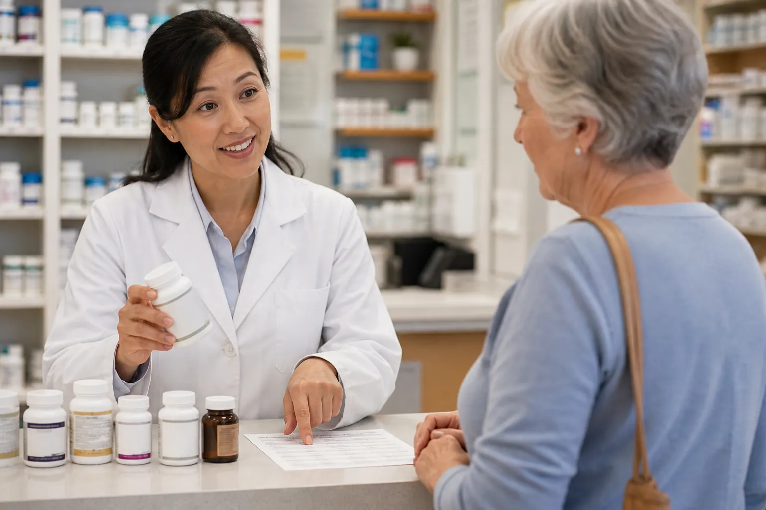 Pharmacist reviewing a supplement bottle with an older adult and a printed medication list at a pharmacy counter