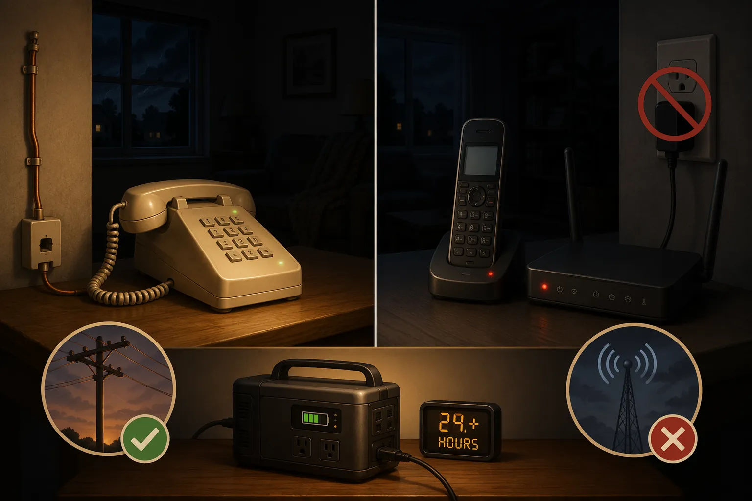 Comparison of a copper landline phone working during a blackout and cordless phone equipment failing without power
