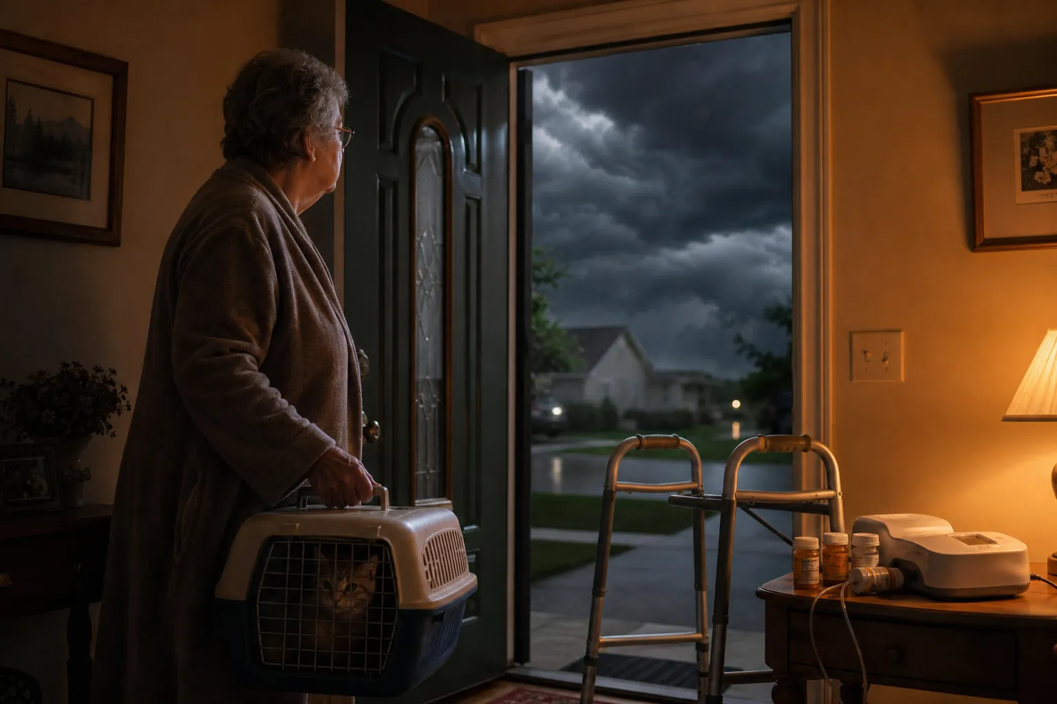 Older woman at her front door with a pet carrier, walker, medications, and medical equipment during stormy weather
