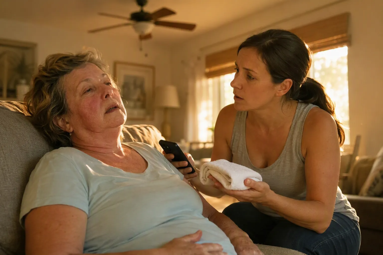 Older woman sitting dazed on a couch while a caregiver holds a smartphone and damp towel