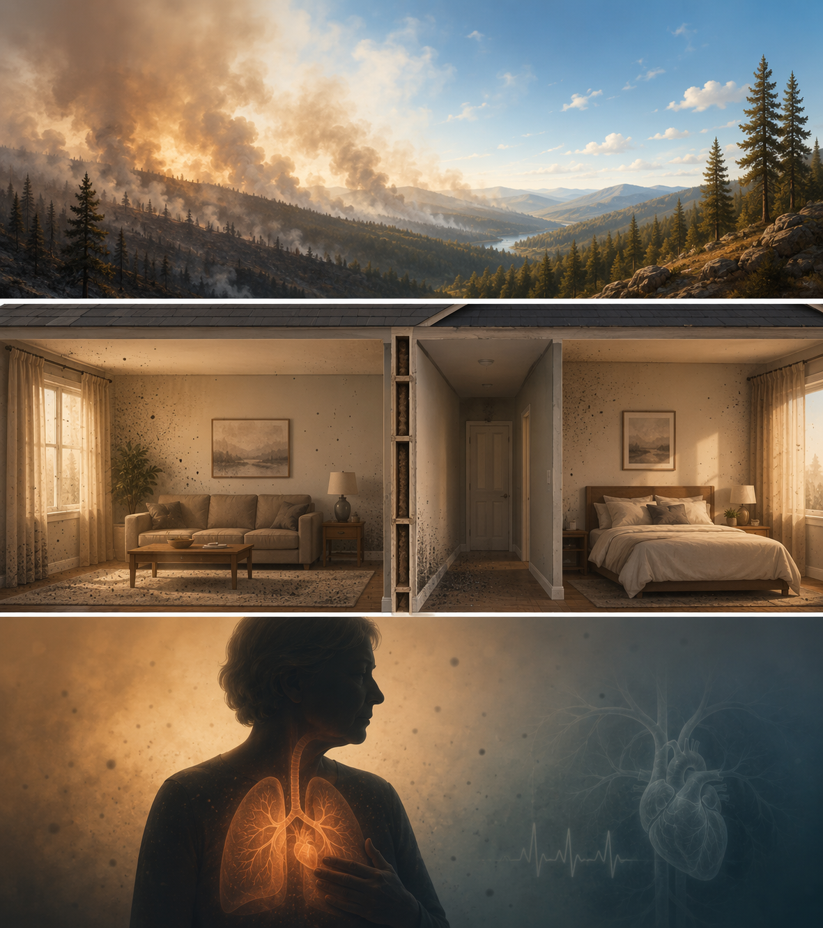 Three wildfire smoke timelines showing outdoor air clearing, indoor smoke particles lingering in home materials, and an older adult's cardiopulmonary health risk