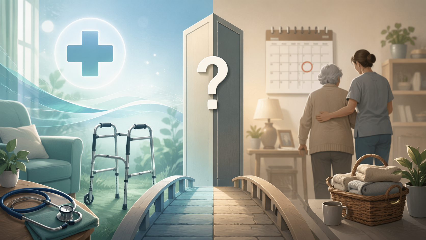 A split-scene editorial illustration showing a symbolic transition: left side in soft blue-green tones with a stethoscope, walker, and medical cross representing Medicare-covered home health; right side in muted warm grays showing a caregiver helping an older adult at home with daily tasks and a circled calendar date, with a door-like divide between them marked by a question mark.