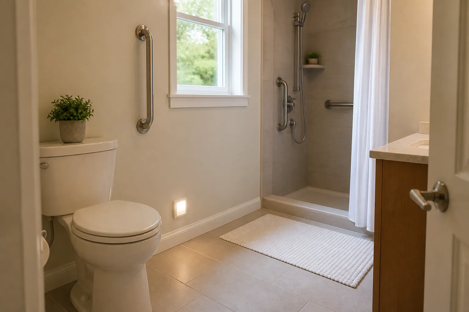 Senior-friendly bathroom with grab bars, non-slip mat, night light, and clear floor space