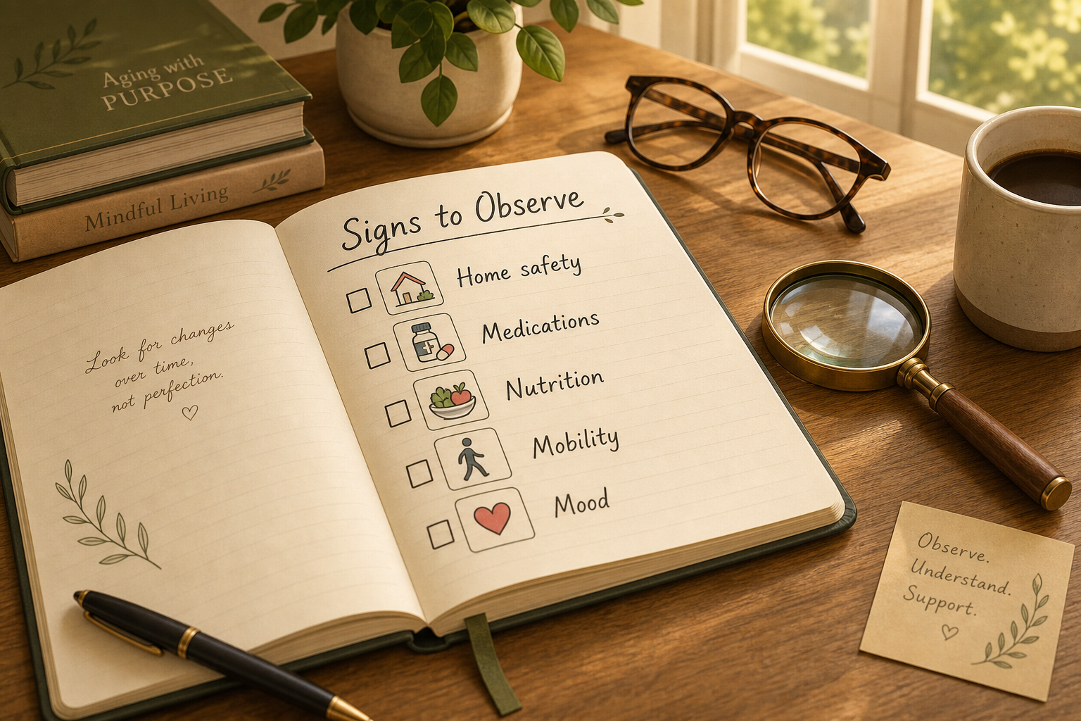 An open notebook on a wooden table with a handwritten checklist titled 'Signs to Observe' and items including home safety, medications, nutrition, mobility, and mood.
