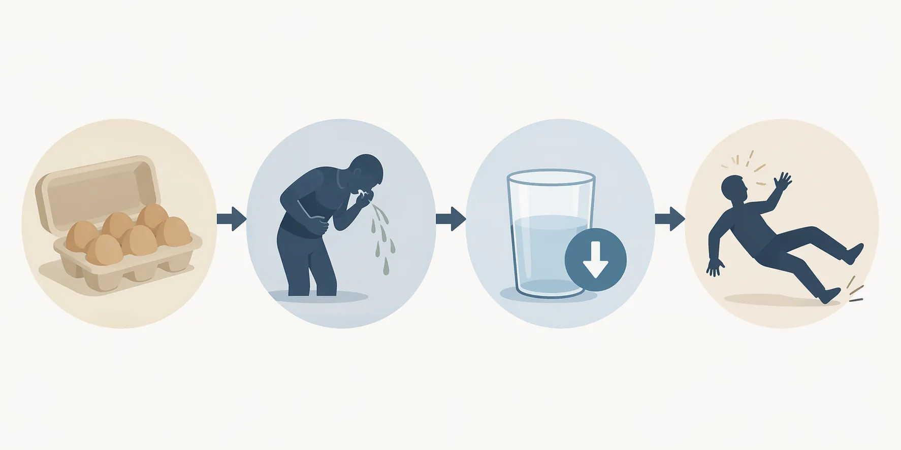 Illustrated chain from egg carton to illness, dehydration, and a person losing balance