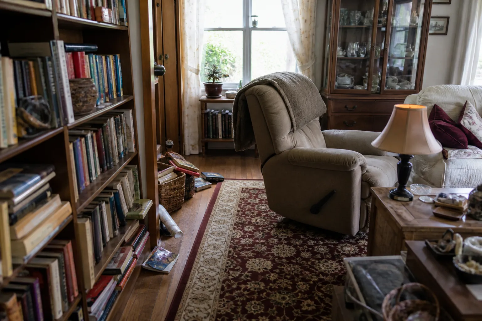 Lived-in living room with a tall bookcase, glass cabinet, throw rug, recliner, and narrow walking path