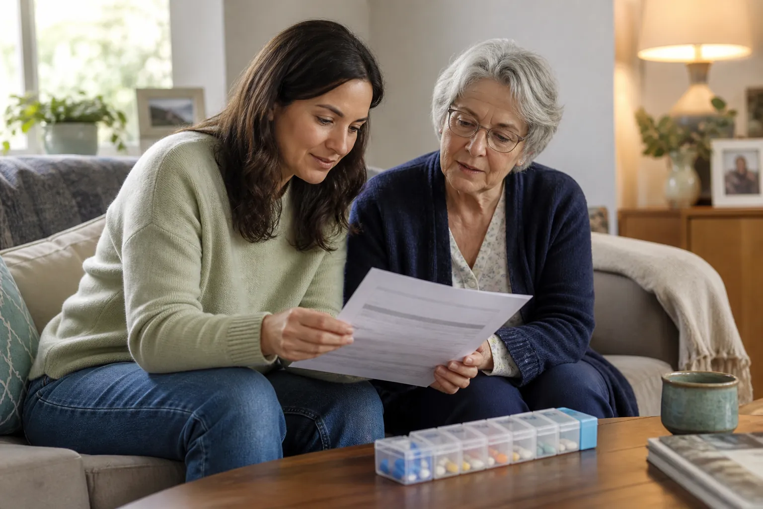 Adult daughter and older mother reviewing a printed medication list at home after discharge