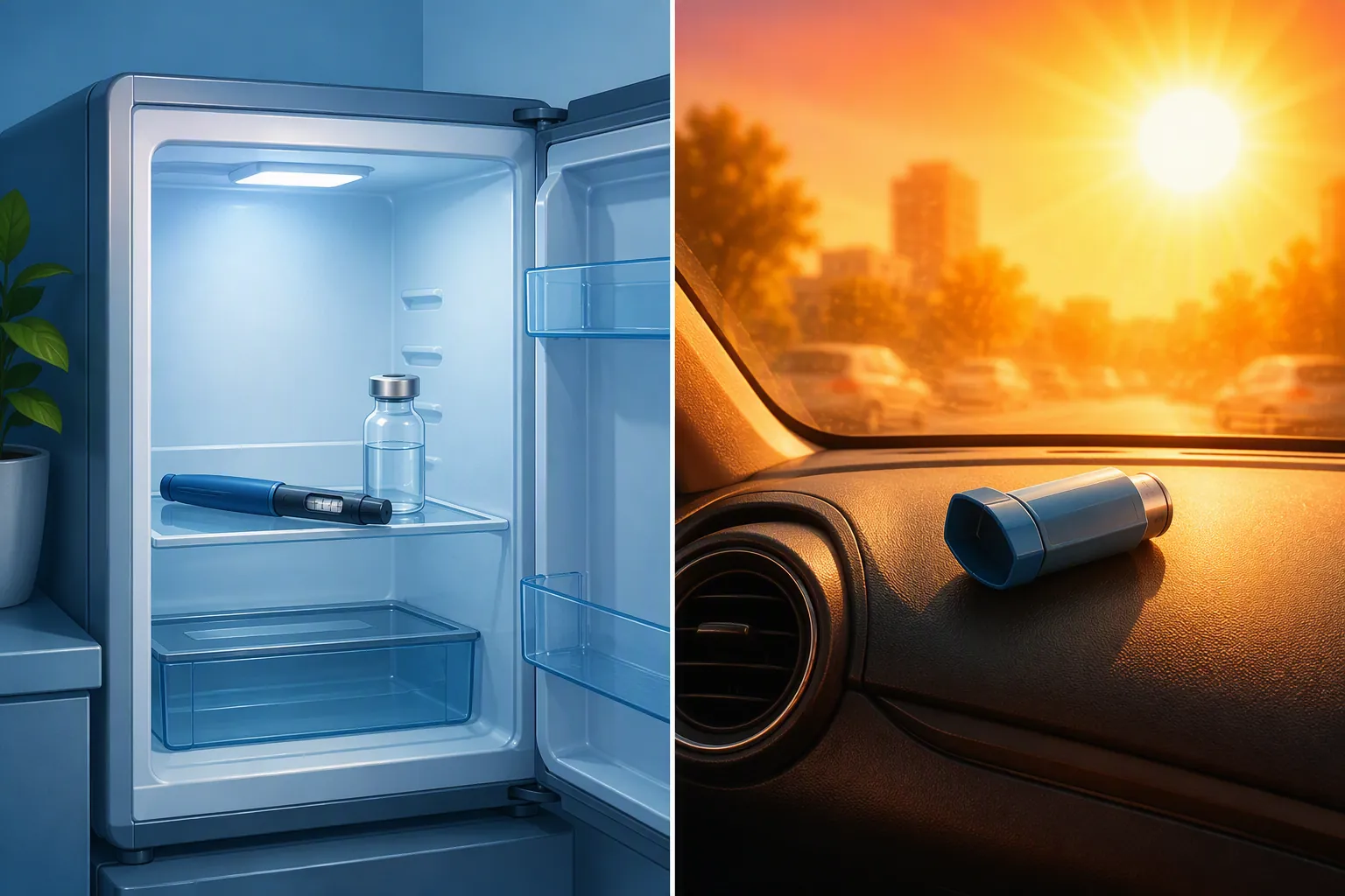 Insulin stored in a refrigerator contrasted with an inhaler left in a hot car