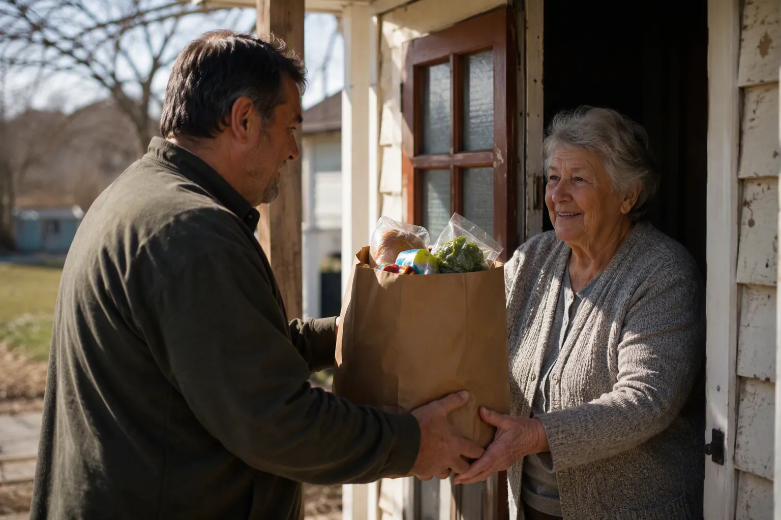 A neighbor handing a paper bag of groceries to an older woman at the front door of a rural home