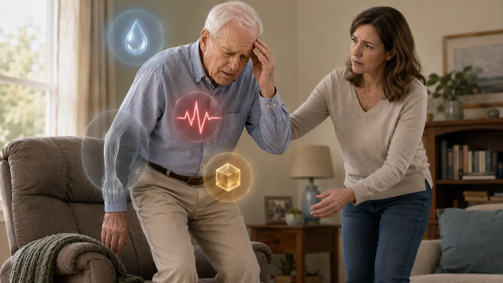 Older man rising unsteadily from a recliner while his adult daughter reaches to steady him
