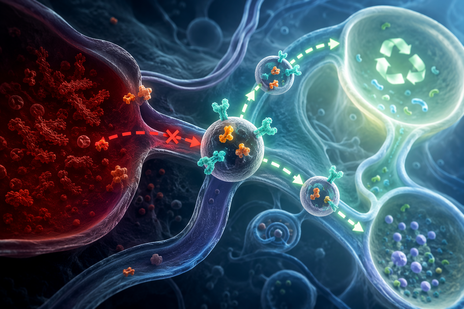Illustration of a SORLA receptor redirecting APP molecules away from an amyloid-producing compartment inside a cell